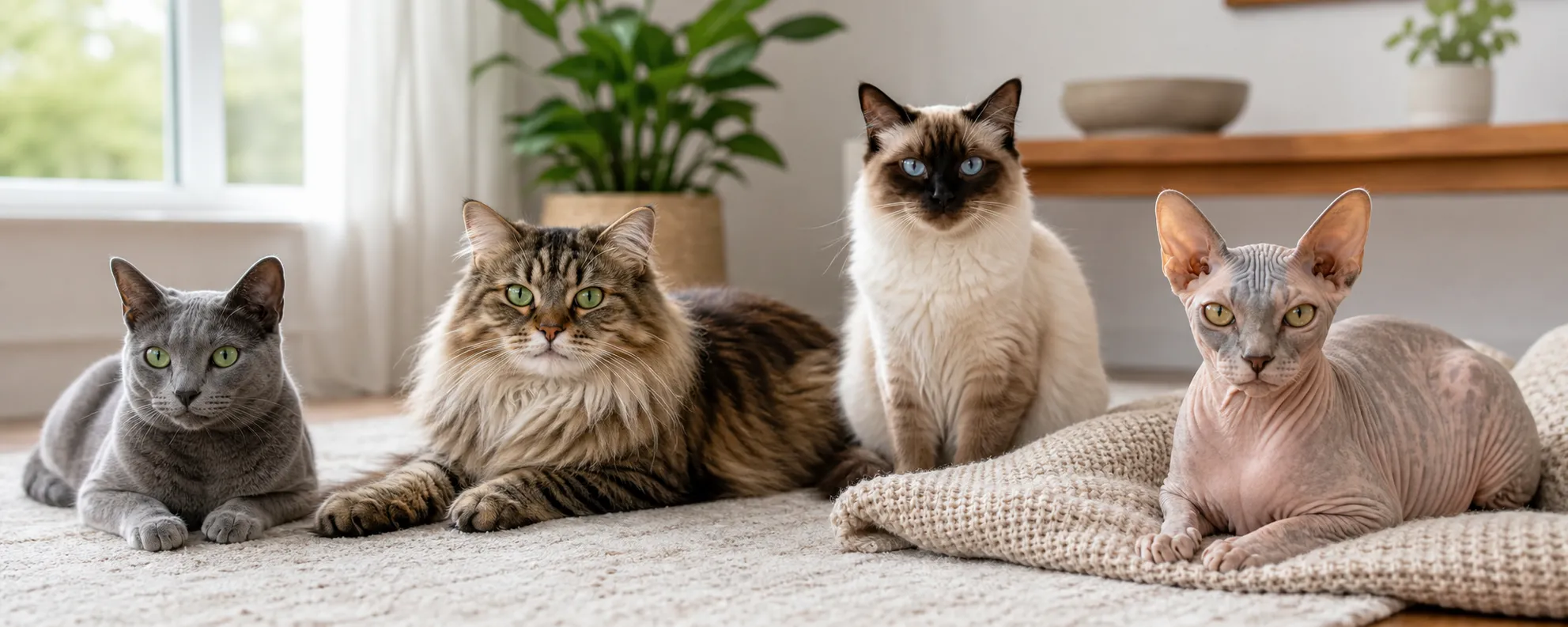 A variety of cat breeds relaxing together
