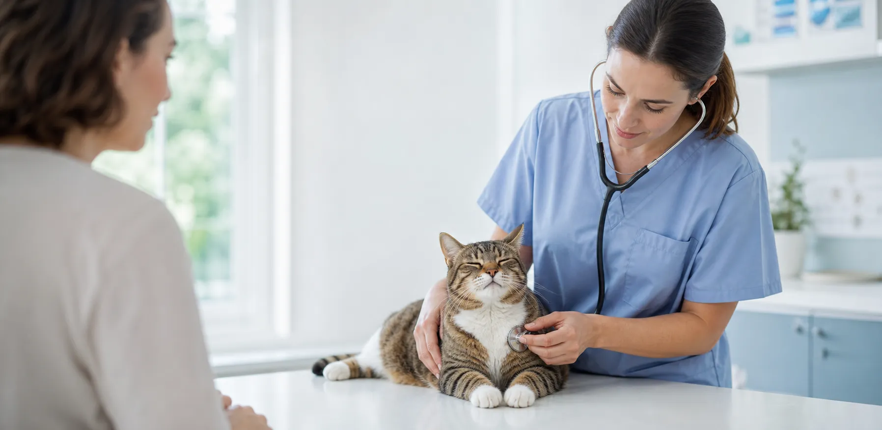 A contented cat being examined by a veterinarian