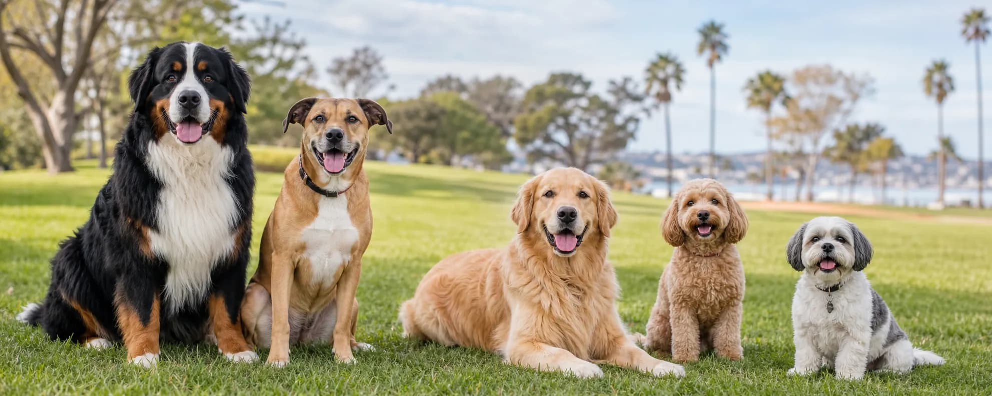 Dogs of many breeds playing at a South Bay park