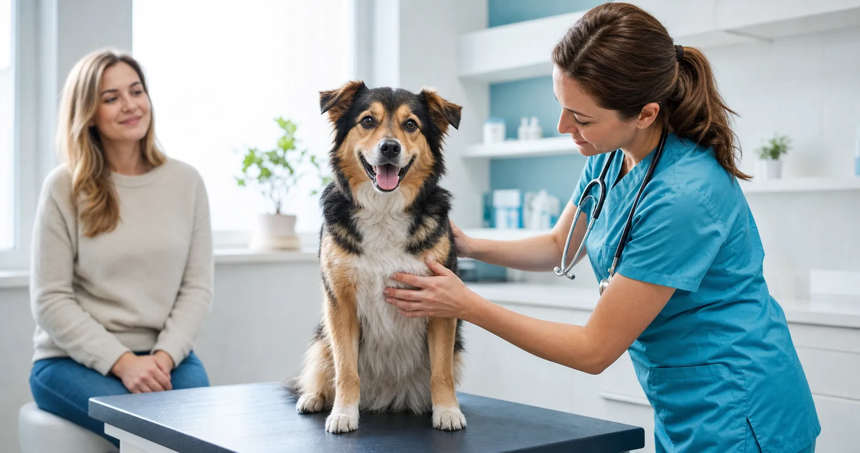 A happy dog at a veterinary checkup