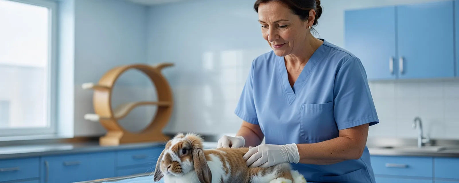 A veterinarian gently examining a rabbit on an exam table