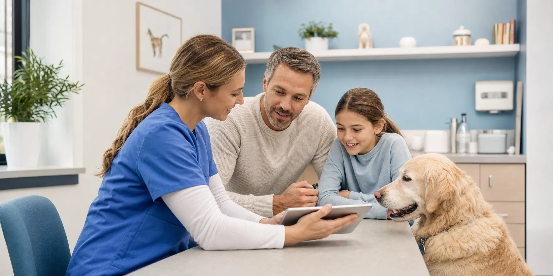 A veterinary team member reviewing a care plan with a family