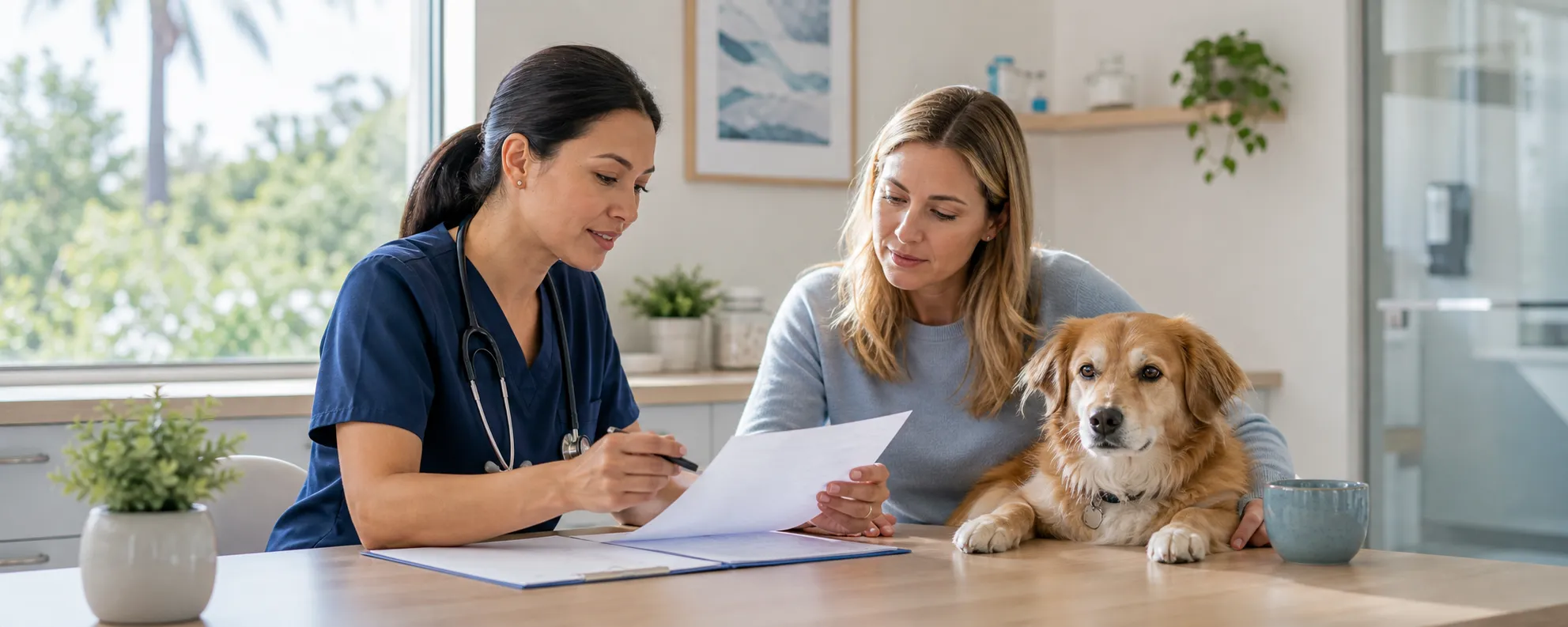 A pet owner reviewing insurance paperwork at a veterinary clinic