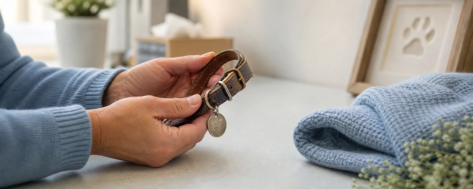 Comforting hands holding a well-worn pet collar