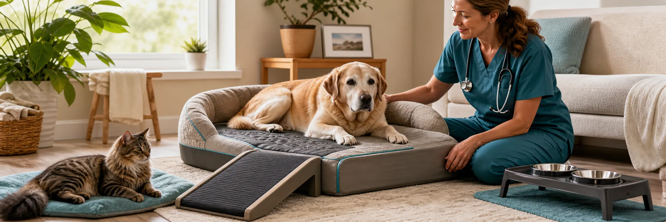 Orthopedic bed, traction mat, and ramp for senior pet comfort