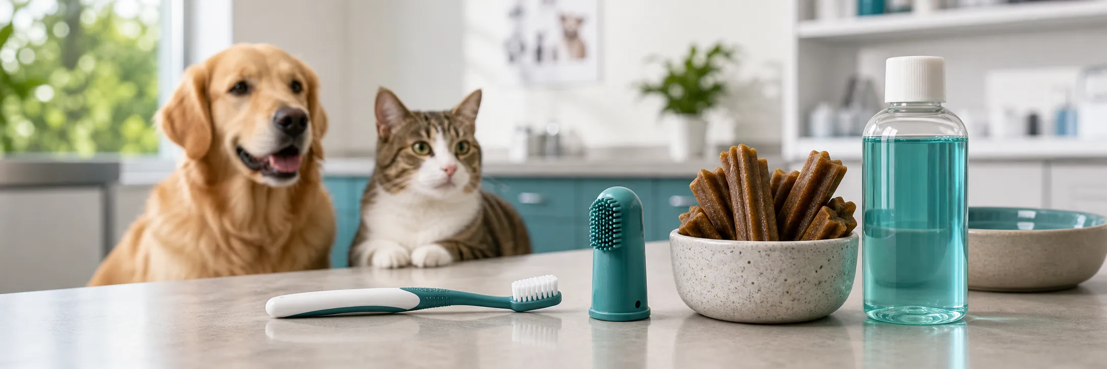 Pet toothbrushes, dental chews, and oral care products
