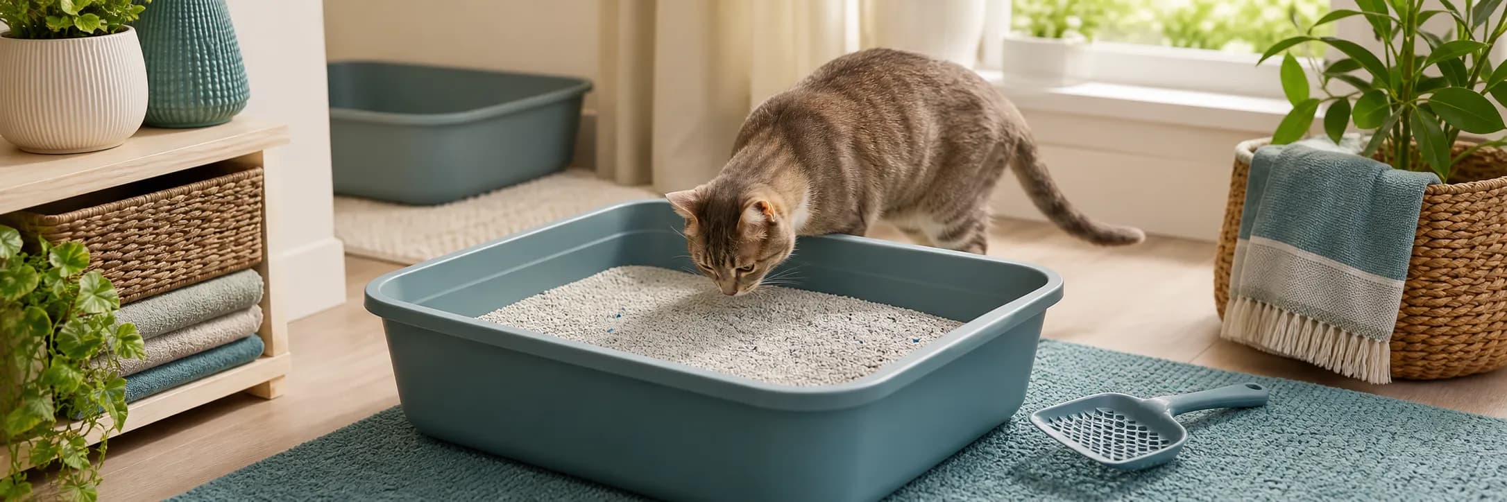 Clean litter box setup with unscented clumping litter