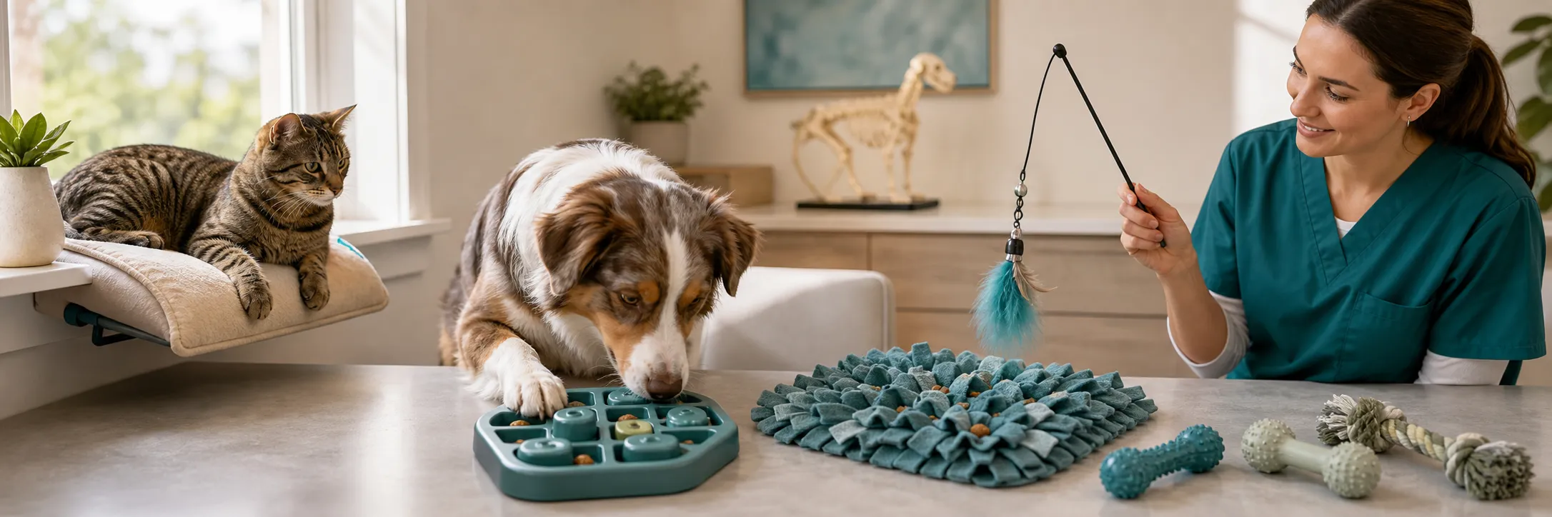 Food puzzles, safe chew toys, and cat enrichment supplies
