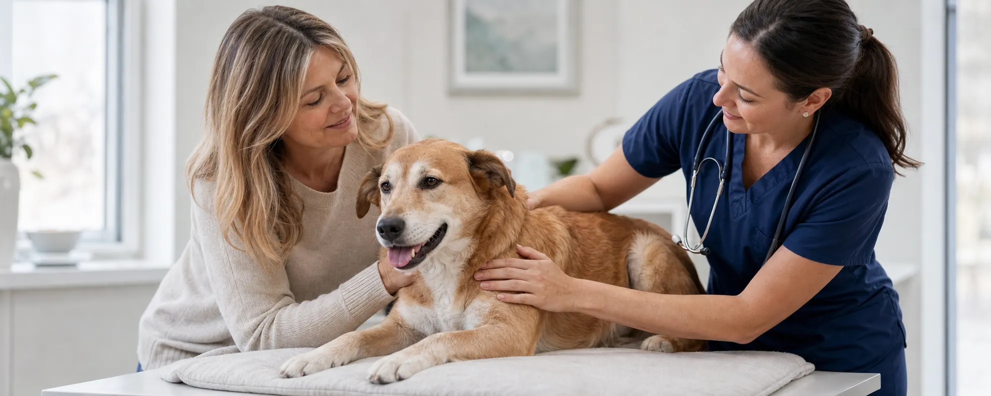 A veterinarian comforting a dog after its vaccination