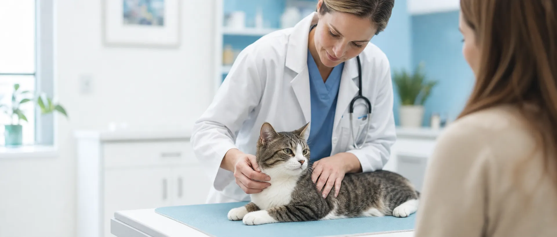 A veterinarian gently examining a tabby cat on an exam table