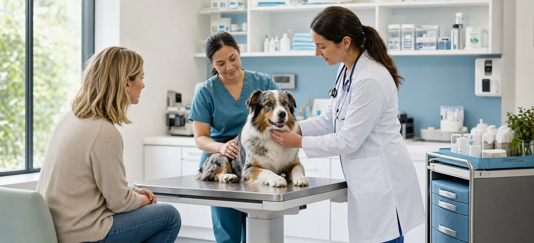 A veterinarian and technician examining a dog during an urgent visit